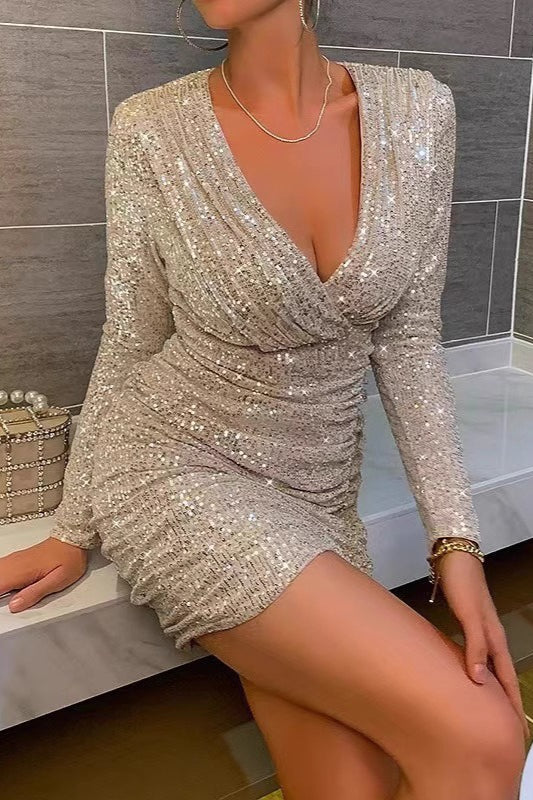 Long Sleeve V-Neck Ruched Sequin Sequin Dress - VelvetHem