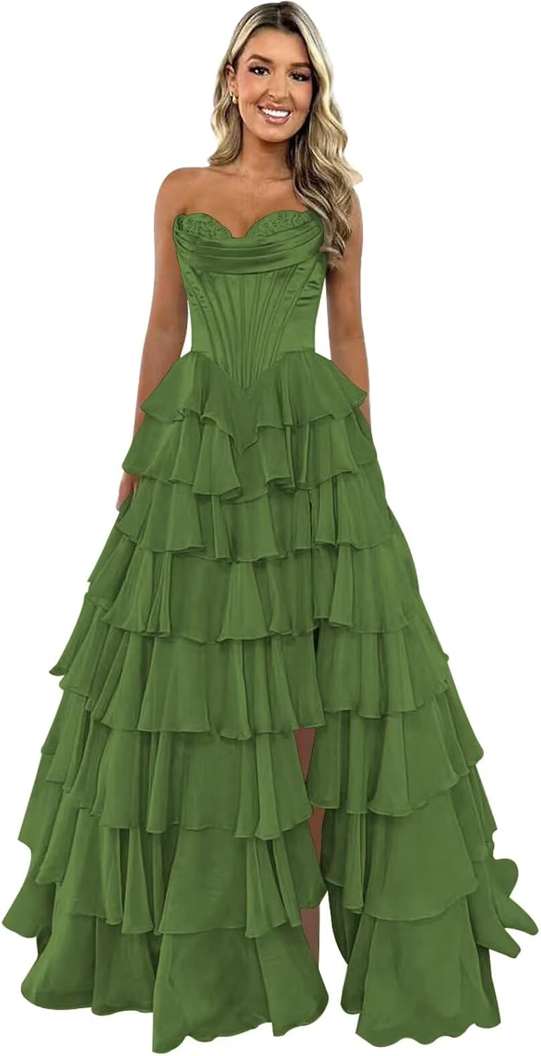 Strapless Corset Prom Dresses for Women 2025 Long Tiered Ruffle Chiffon Formal Evening Gown with Slit - VelvetHem