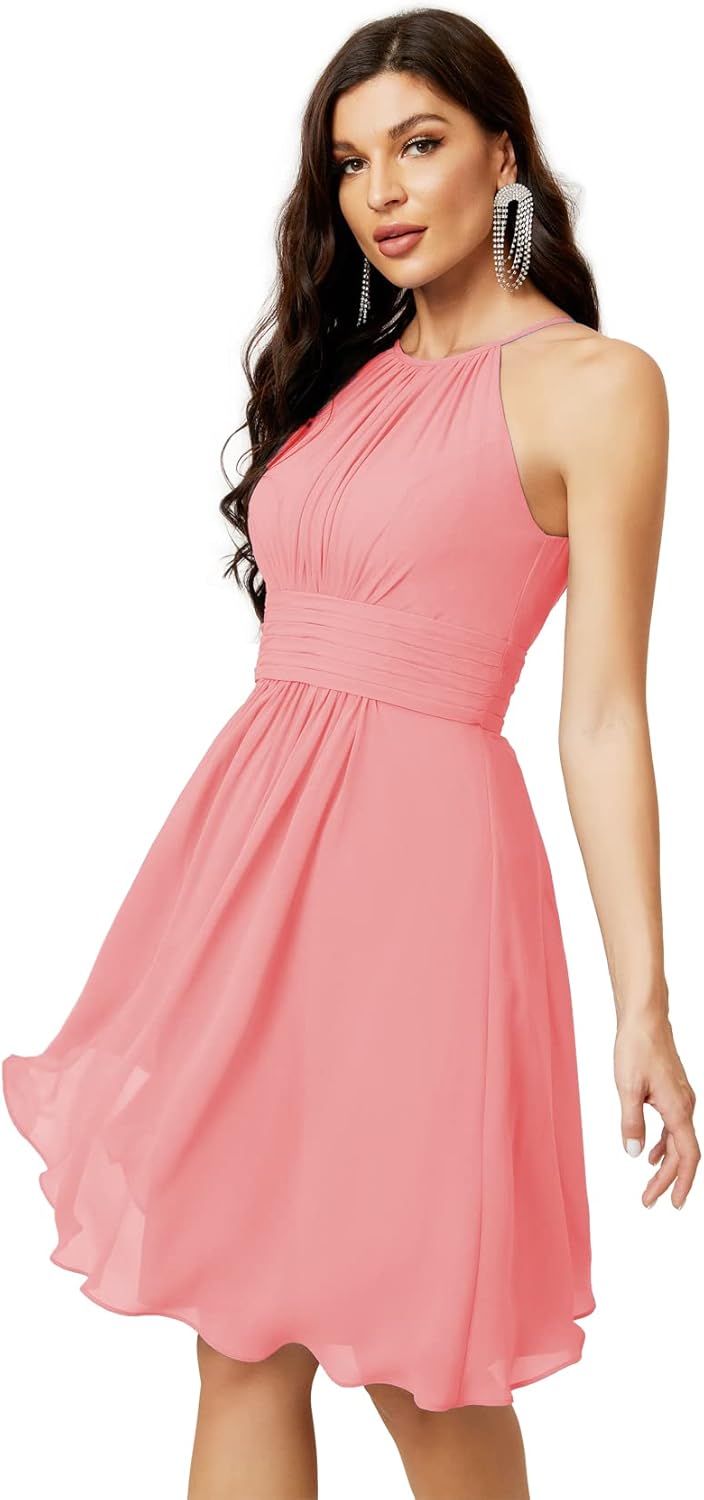Sunnderly Short Halter Top Chiffon Bridesmaid Dresses Tea Length A Line Formal Evening Party Cocktail Dress Dusty Rose - View 15 | VelvetHem