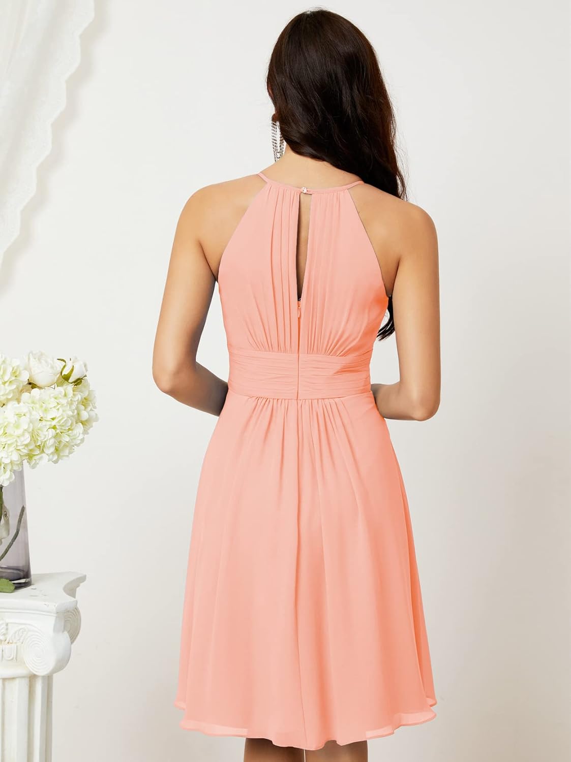 Sunnderly Short Halter Top Chiffon Bridesmaid Dresses Tea Length A Line Formal Evening Party Cocktail Dress Dusty Rose - View 2 | VelvetHem