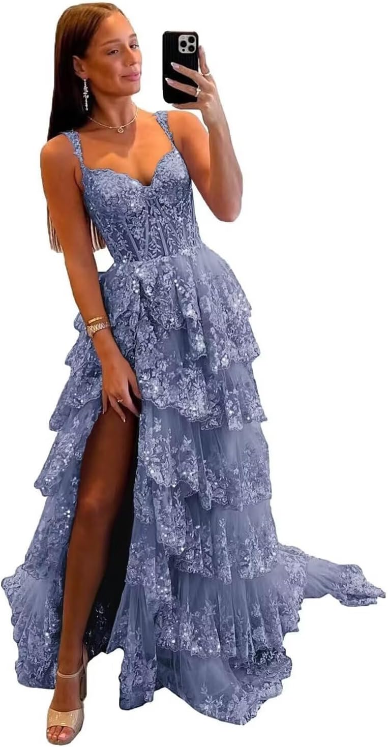 Sparkly Tiered Lace Tulle Prom Dresses Long 2025 Spaghetti Straps Formal Corset Evening Gown with Slit - View 15 | VelvetHem