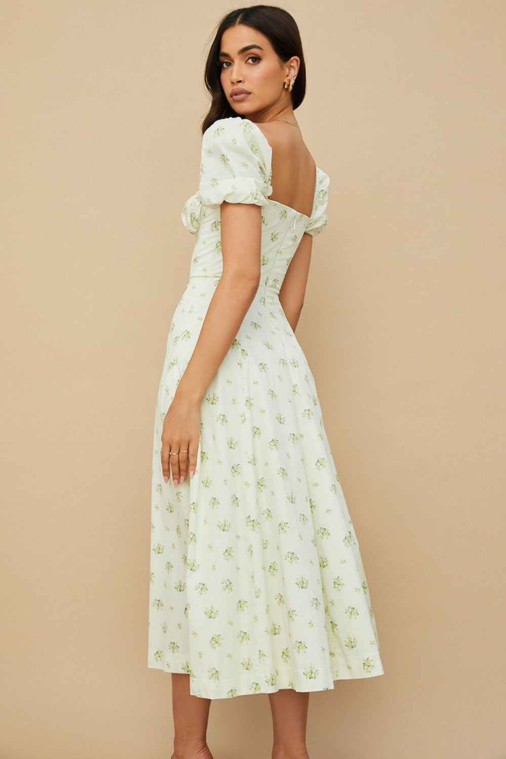 Puff Sleeve Wrap Slit Maxi Flower Dress