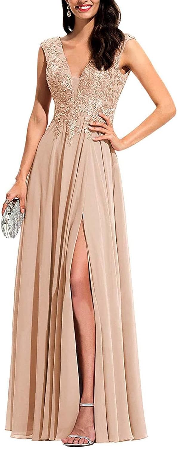 Chiffon Appliques Bridesmaid Dress Long V Neck Beaded Wedding Guest Gown with Split - View 6 | VelvetHem