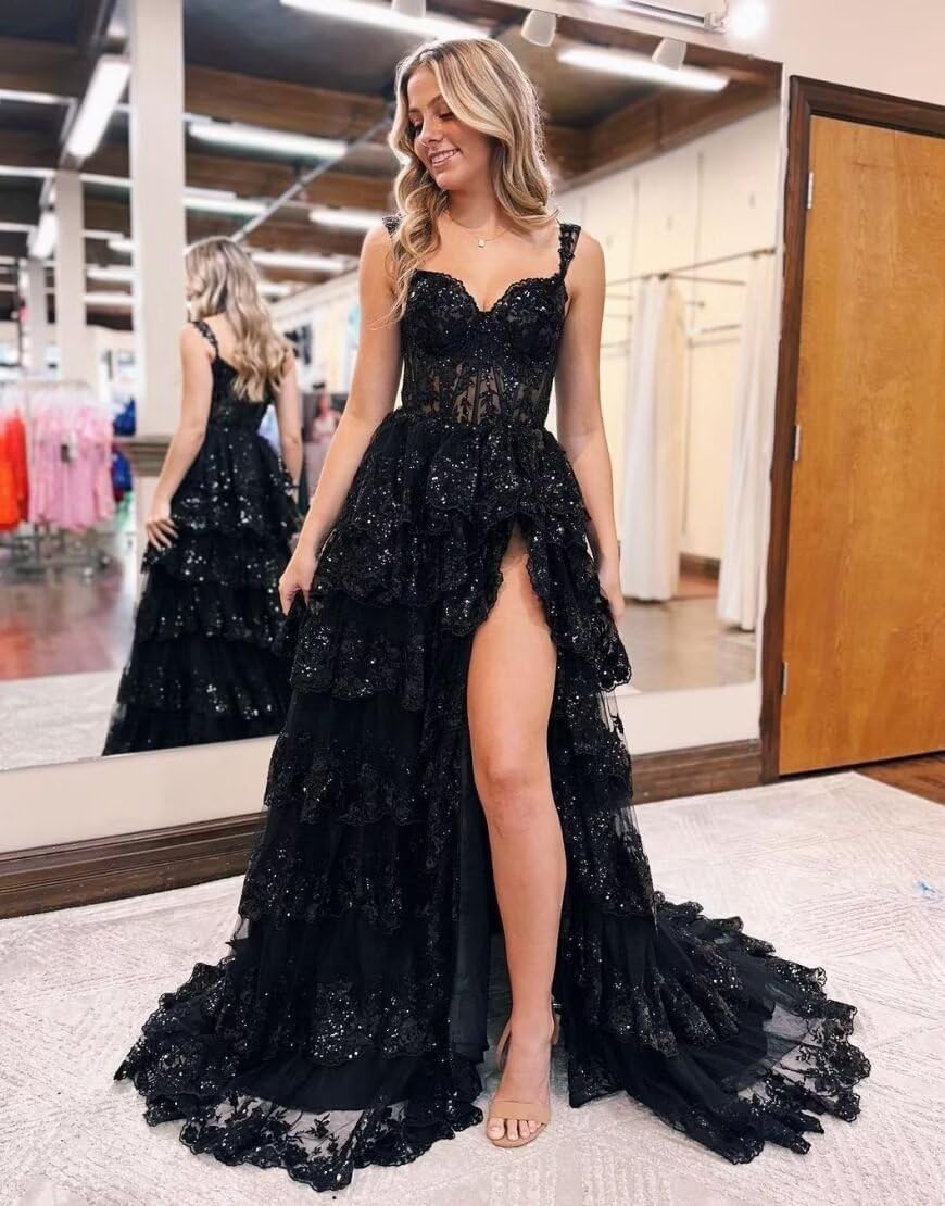 Sparkly Tiered Lace Tulle Prom Dresses Long 2025 Spaghetti Straps Formal Corset Evening Gown with Slit - View 4 | VelvetHem