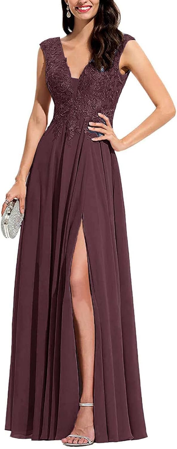 Chiffon Appliques Bridesmaid Dress Long V Neck Beaded Wedding Guest Gown with Split