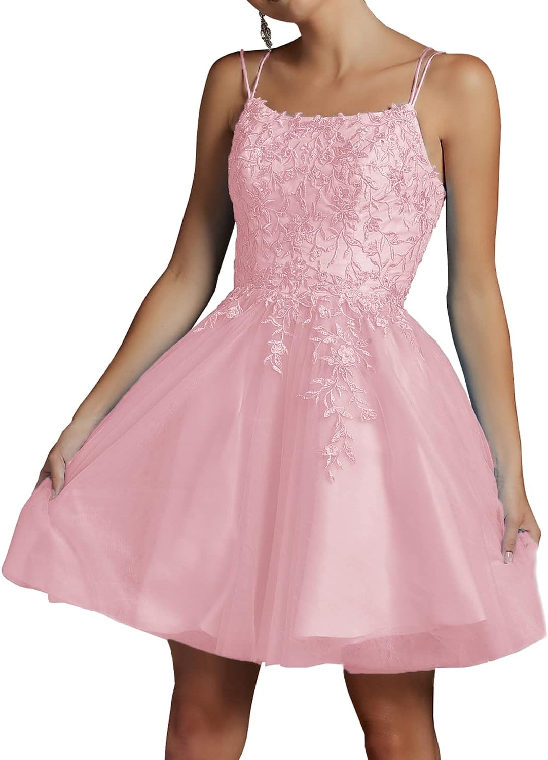 Modest Lace Beaded Tulle Homecoming Dresses Short Square Neck Prom Dress Spaghetti Straps Party Gown - VelvetHem