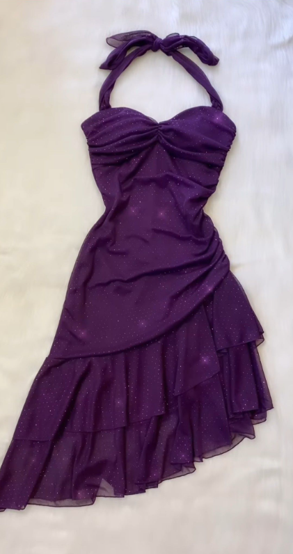 Classy Halter Purple Chiffon Ruffle Short Homecoming Dress Cocktail Dress - FashionDia