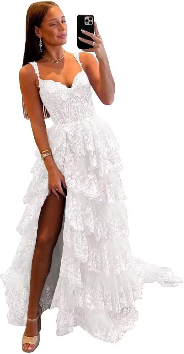Sparkly Tiered Lace Tulle Prom Dresses Long 2025 Spaghetti Straps Formal Corset Evening Gown with Slit