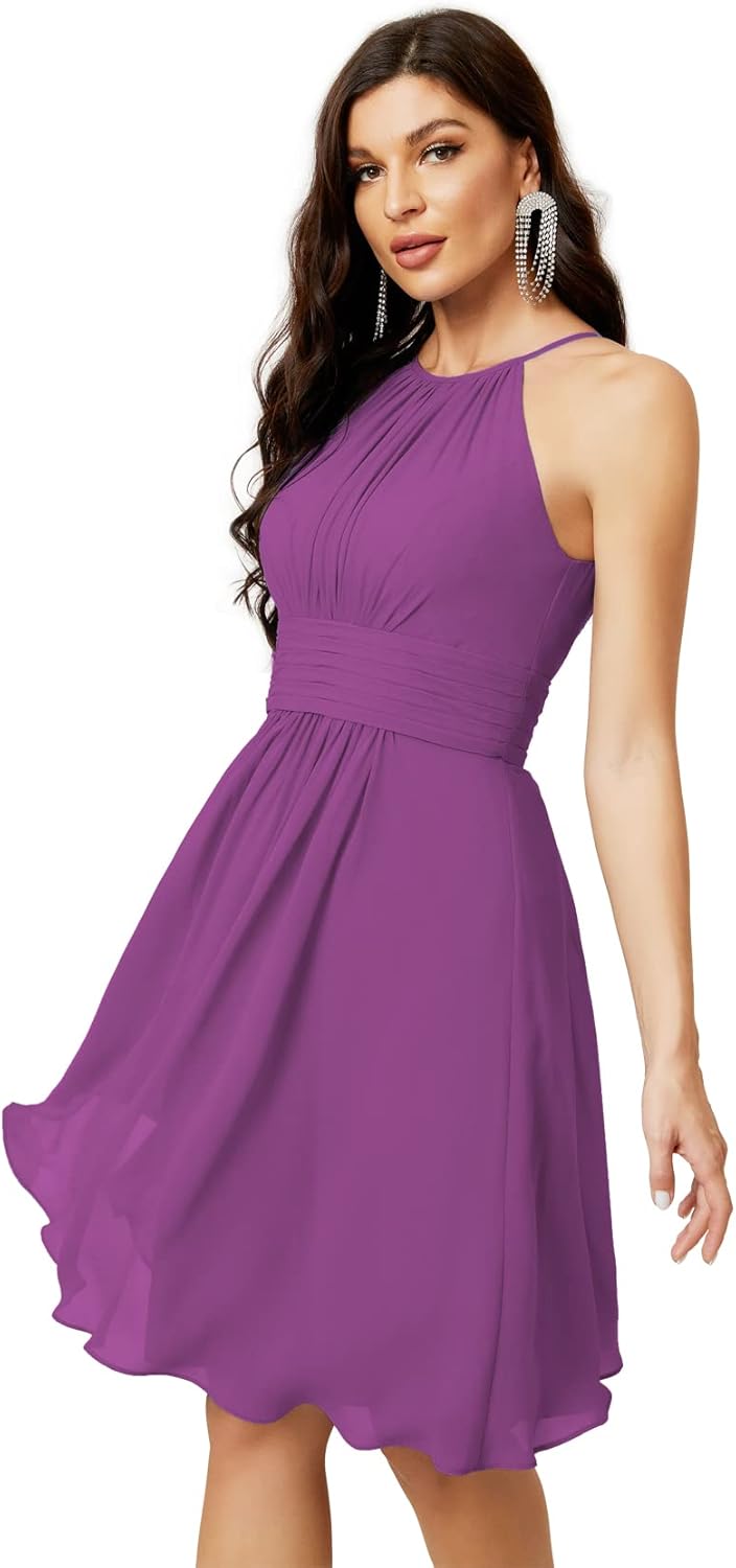 Sunnderly Short Halter Top Chiffon Bridesmaid Dresses Tea Length A Line Formal Evening Party Cocktail Dress Dusty Rose