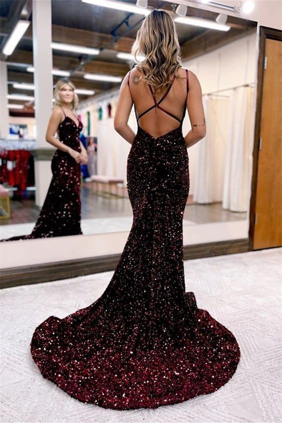 Chic Sequins Long Evening Dress V Neck Spaghetti Strap Y4401 - View 2 | VelvetHem