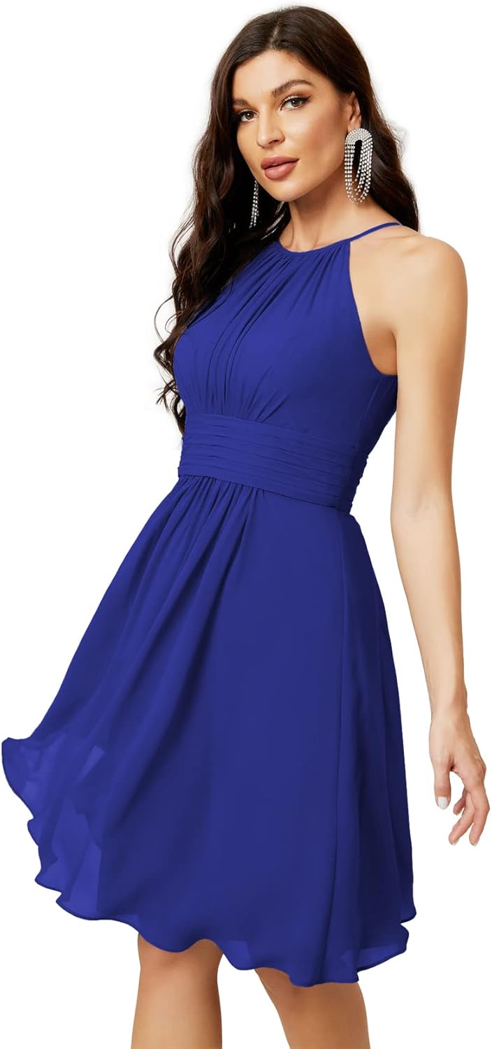 Sunnderly Short Halter Top Chiffon Bridesmaid Dresses Tea Length A Line Formal Evening Party Cocktail Dress Dusty Rose