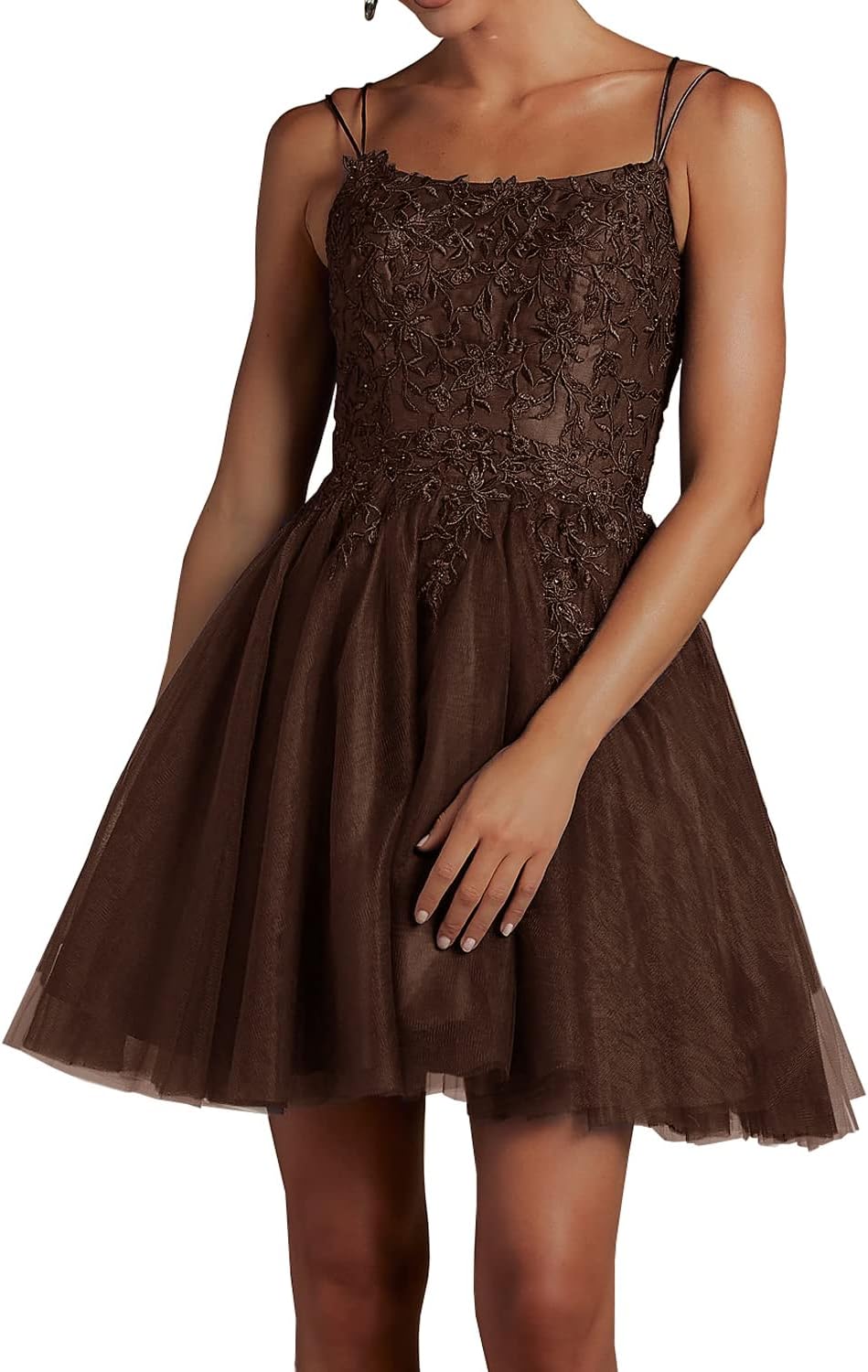 Modest Lace Beaded Tulle Homecoming Dresses Short Square Neck Prom Dress Spaghetti Straps Party Gown - View 9 | VelvetHem