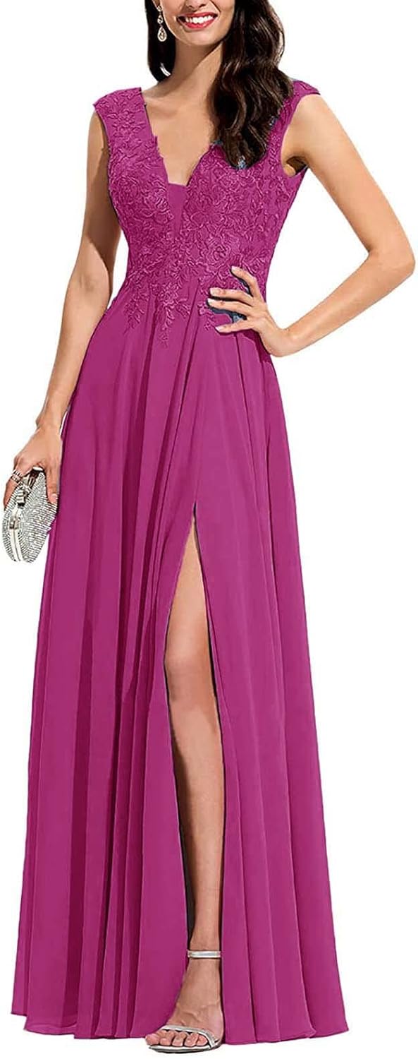 Chiffon Appliques Bridesmaid Dress Long V Neck Beaded Wedding Guest Gown with Split