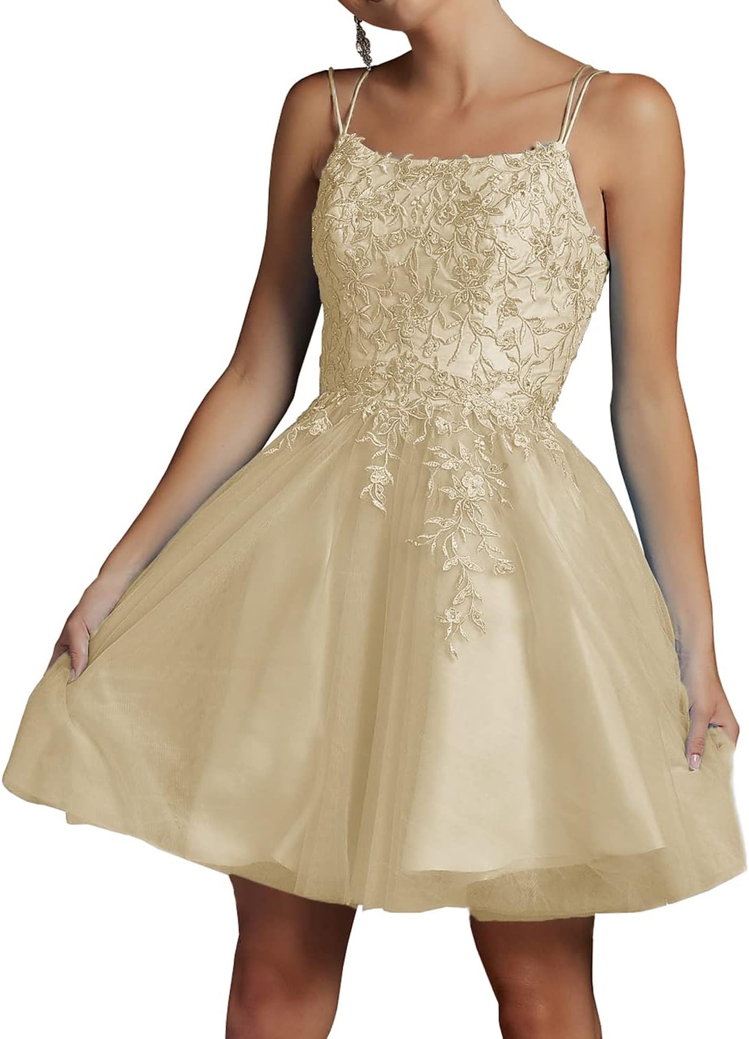 Modest Lace Beaded Tulle Homecoming Dresses Short Square Neck Prom Dress Spaghetti Straps Party Gown - View 12 | VelvetHem
