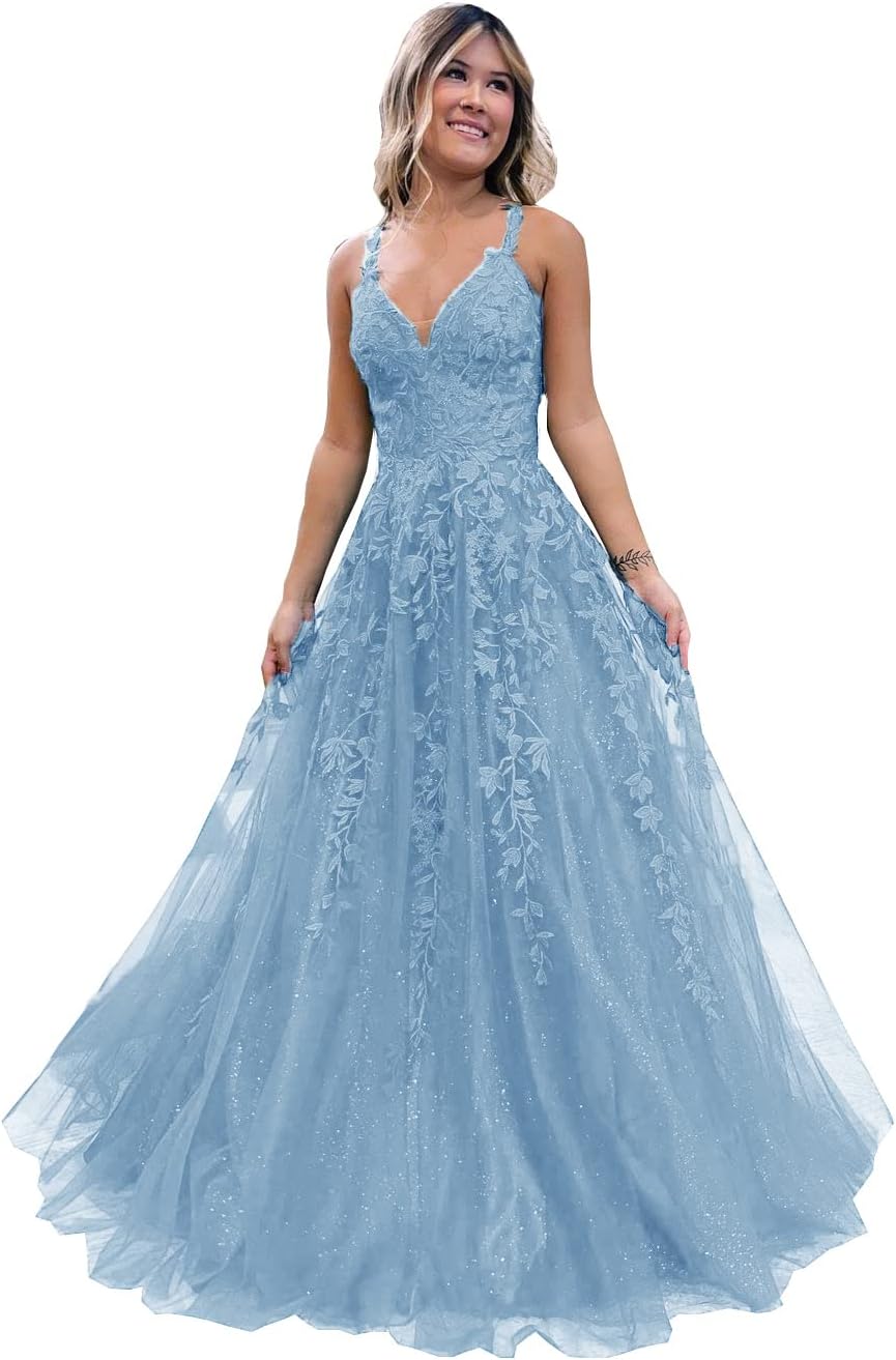 Floral Lace Glitter Tulle Prom Dress Long Ball Gown V Neck Formal Evening Dress Maxi Party Gown