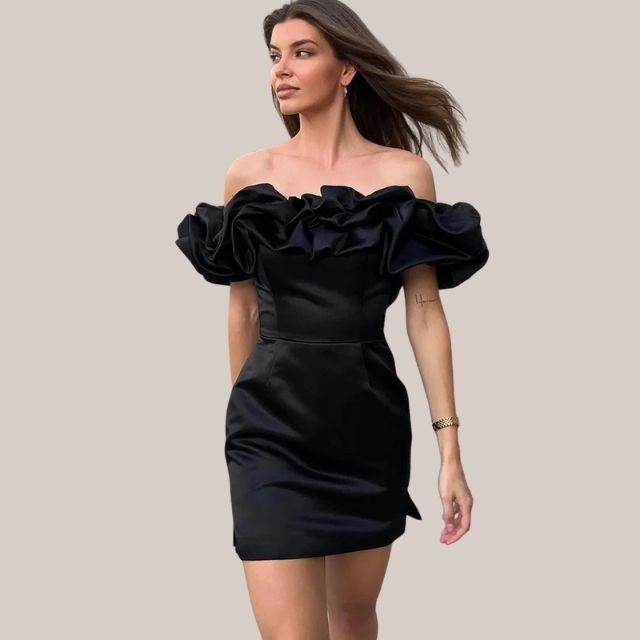 Angeles Effortless Off the Shoulder Cocktail Dress with Ruffle Detail Boutique Collection