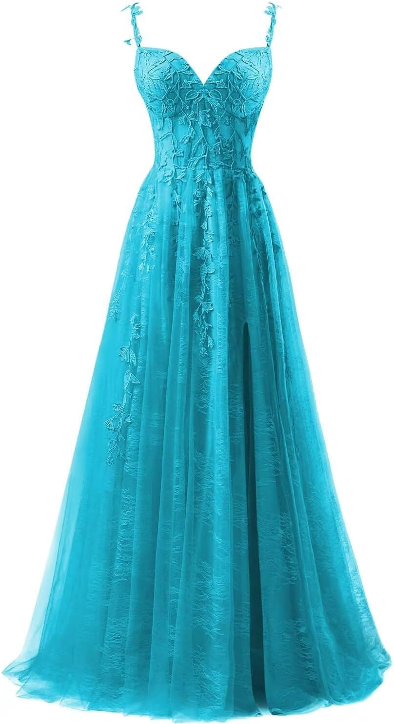 Lace Applique Tulle Prom Dresses for Women 2025 Spaghetti Straps Ball Gown Formal Evening Party Gown with Slit - VelvetHem
