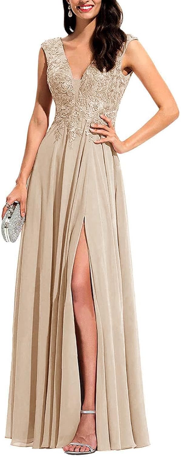 Chiffon Appliques Bridesmaid Dress Long V Neck Beaded Wedding Guest Gown with Split - View 12 | VelvetHem