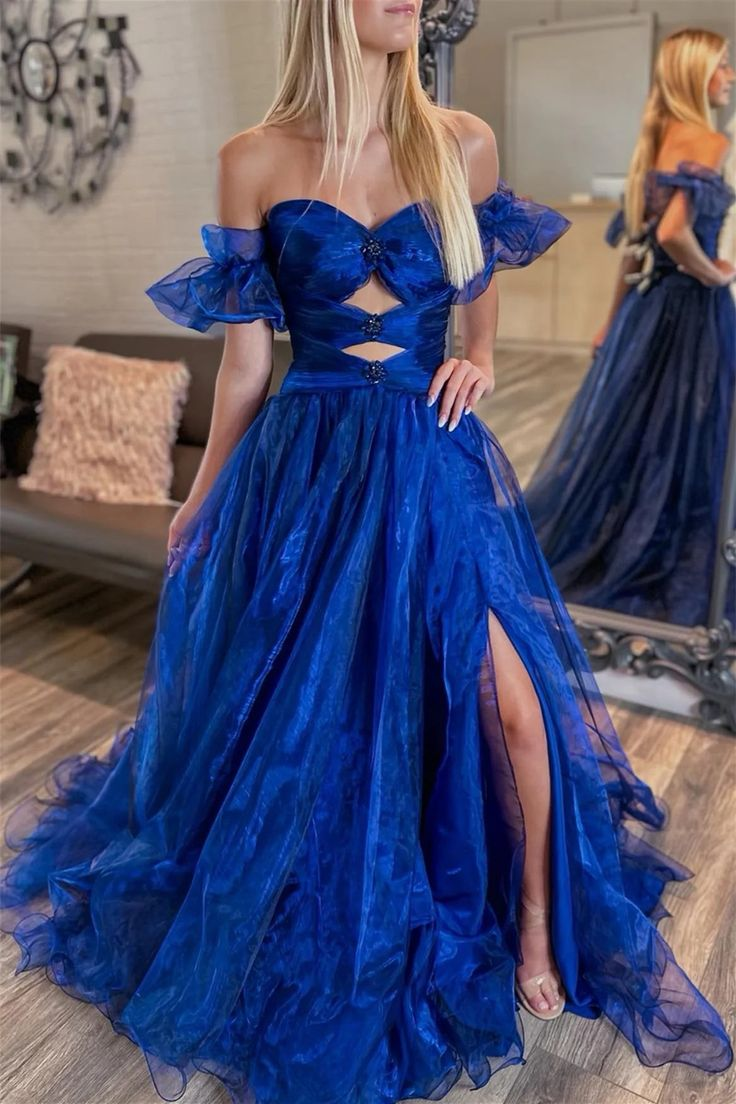 Royal Blue Tulle Off-Shoulder Long Prom Dress with Slit
