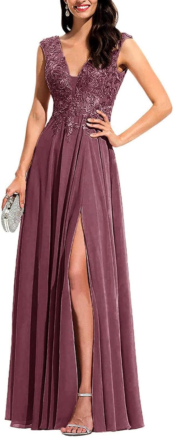Chiffon Appliques Bridesmaid Dress Long V Neck Beaded Wedding Guest Gown with Split - View 14 | VelvetHem