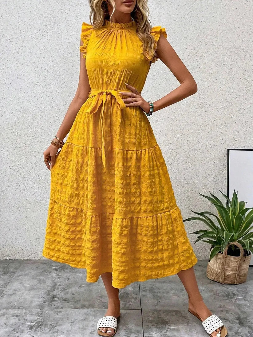 Evelyn Luxe Dress with Belt and Ruffles Elevated Occasion Wear