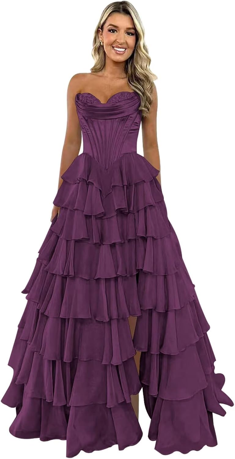 Strapless Corset Prom Dresses for Women 2025 Long Tiered Ruffle Chiffon Formal Evening Gown with Slit