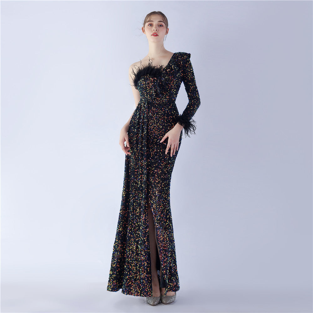 Craft Ostrich Feather Ruffled Side Slit High End Sequined Evening Dress - View 7 | VelvetHem