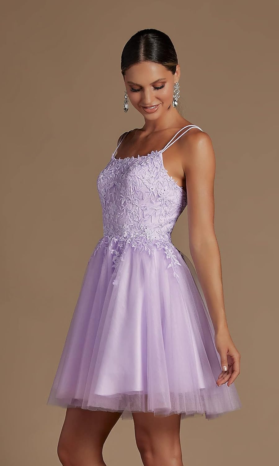 Modest Lace Beaded Tulle Homecoming Dresses Short Square Neck Prom Dress Spaghetti Straps Party Gown - View 3 | VelvetHem