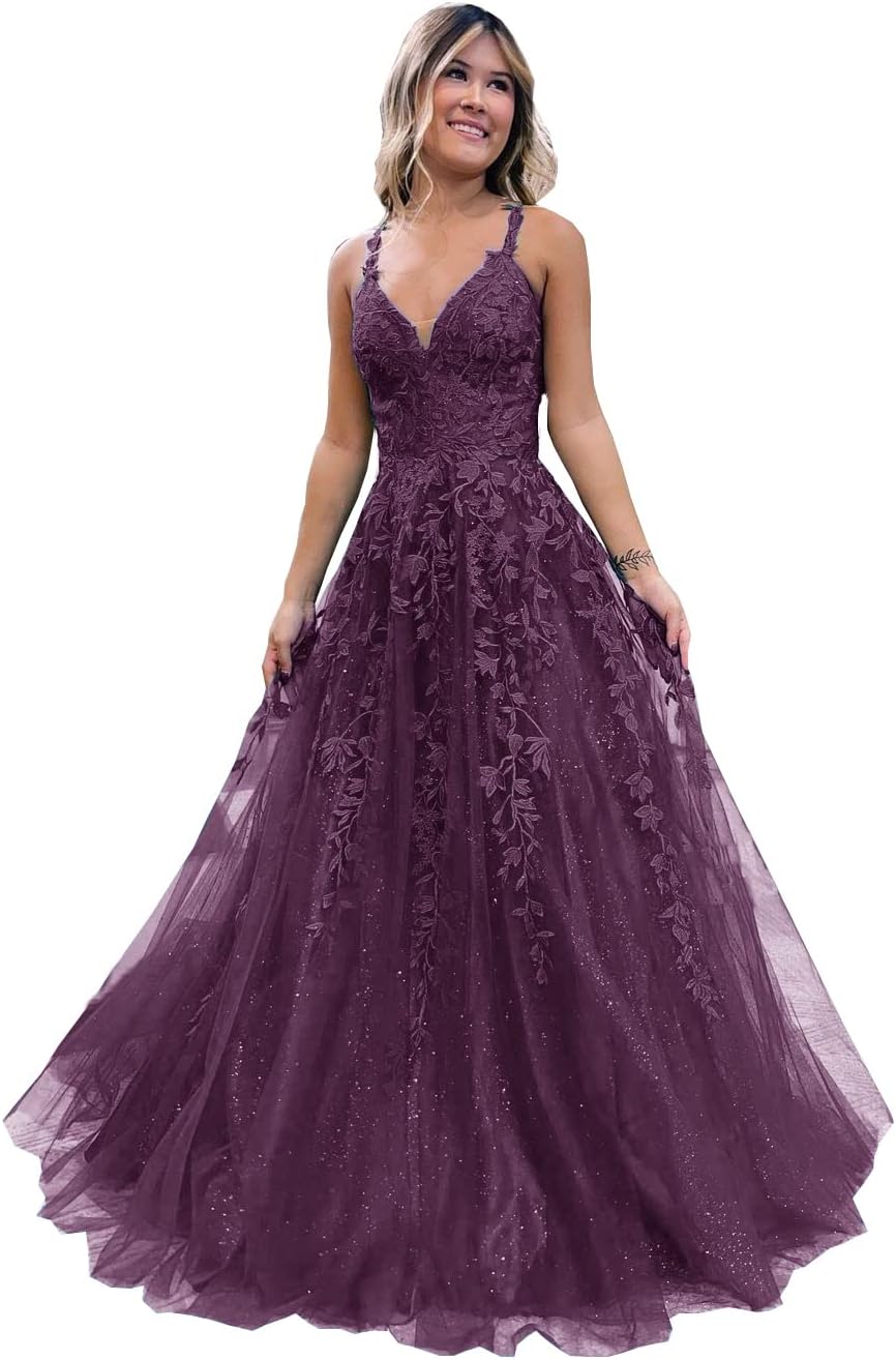 Floral Lace Glitter Tulle Prom Dress Long Ball Gown V Neck Formal Evening Dress Maxi Party Gown - View 13 | VelvetHem