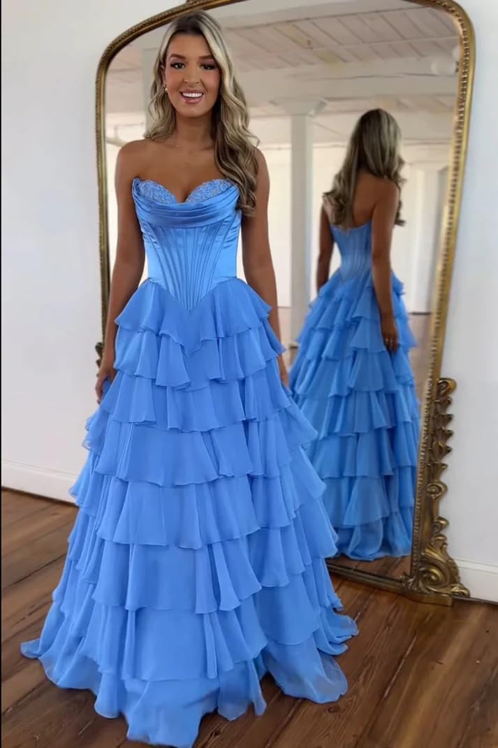 Strapless Corset Prom Dresses for Women 2025 Long Tiered Ruffle Chiffon Formal Evening Gown with Slit - View 4 | VelvetHem