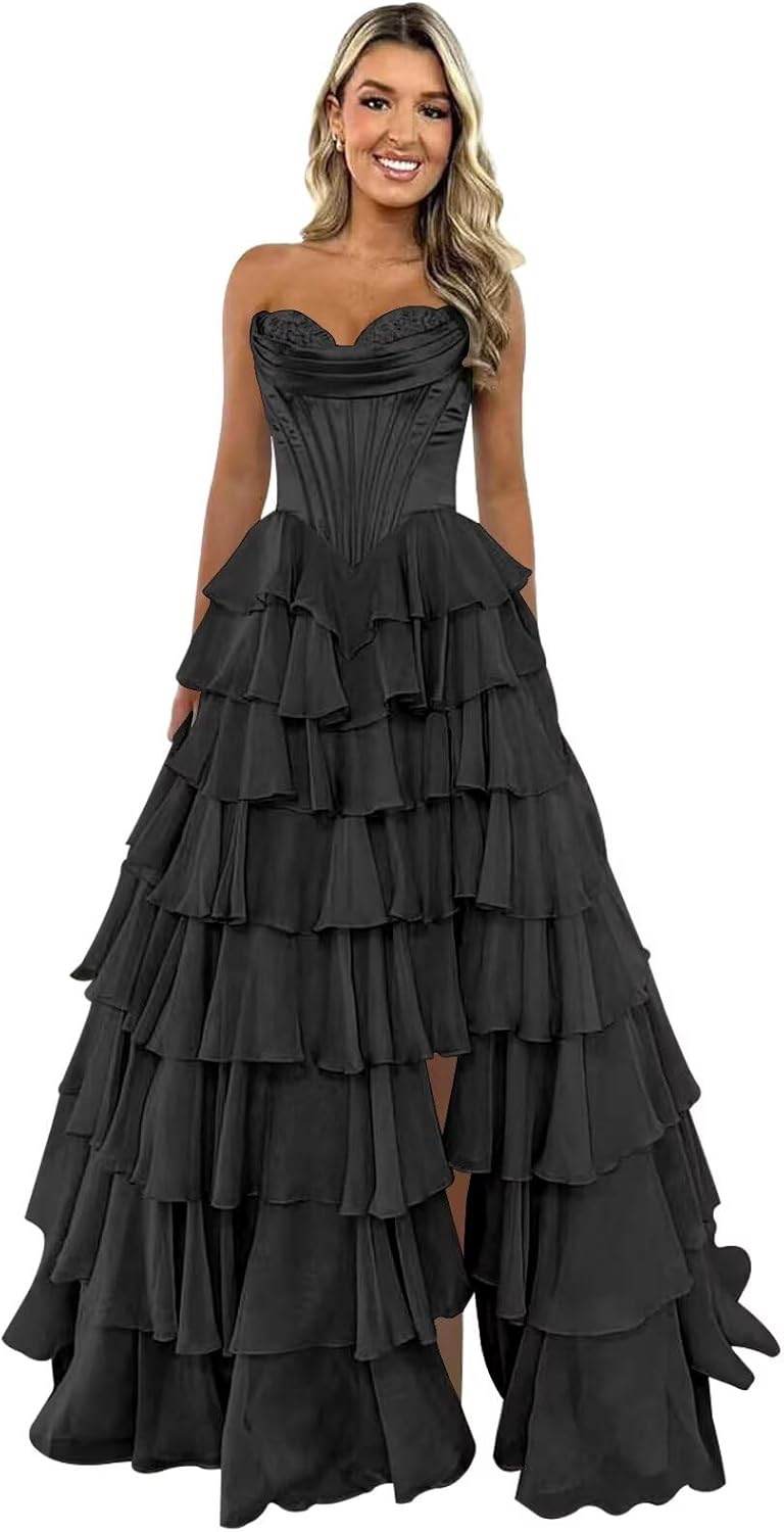 Strapless Corset Prom Dresses for Women 2025 Long Tiered Ruffle Chiffon Formal Evening Gown with Slit - View 15 | VelvetHem