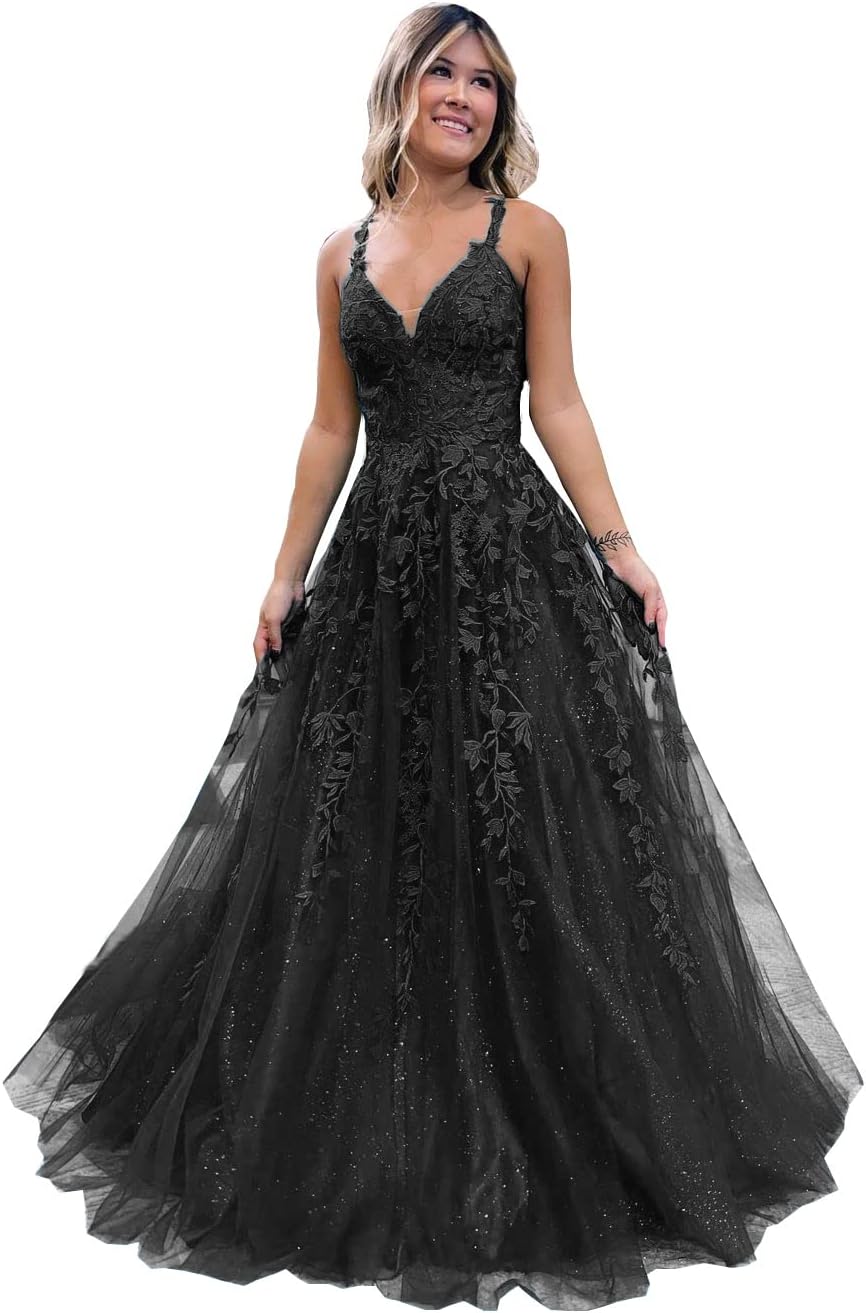 Floral Lace Glitter Tulle Prom Dress Long Ball Gown V Neck Formal Evening Dress Maxi Party Gown - View 9 | VelvetHem