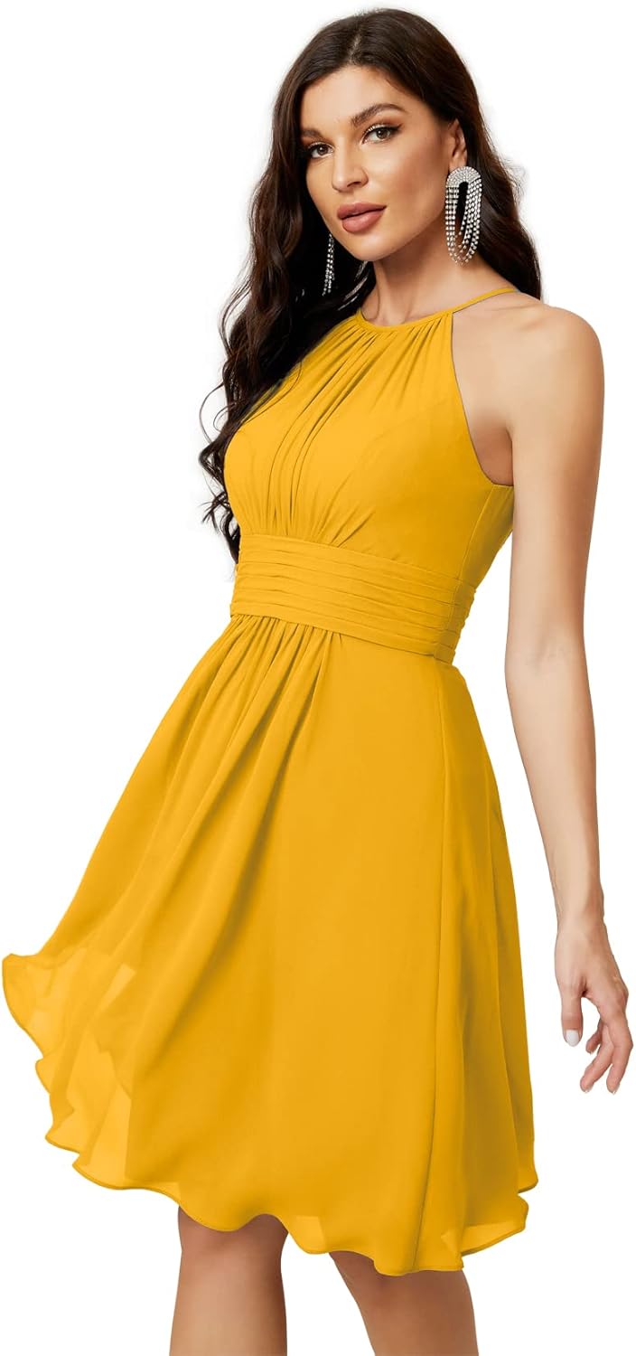 Sunnderly Short Halter Top Chiffon Bridesmaid Dresses Tea Length A Line Formal Evening Party Cocktail Dress Dusty Rose - View 12 | VelvetHem