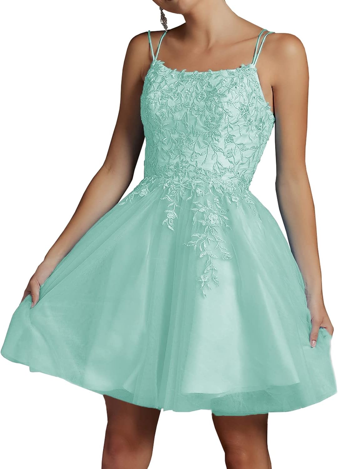 Modest Lace Beaded Tulle Homecoming Dresses Short Square Neck Prom Dress Spaghetti Straps Party Gown