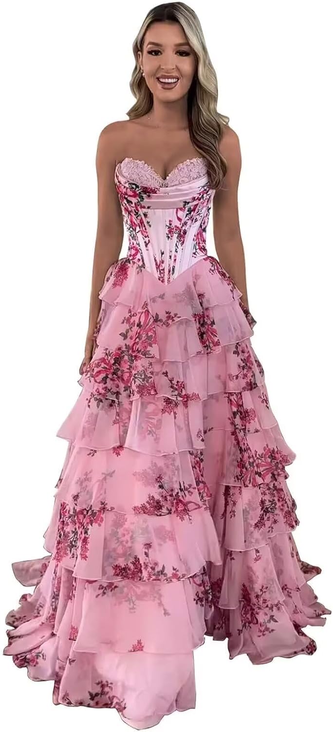 Strapless Corset Prom Dresses for Women 2025 Long Tiered Ruffle Chiffon Formal Evening Gown with Slit