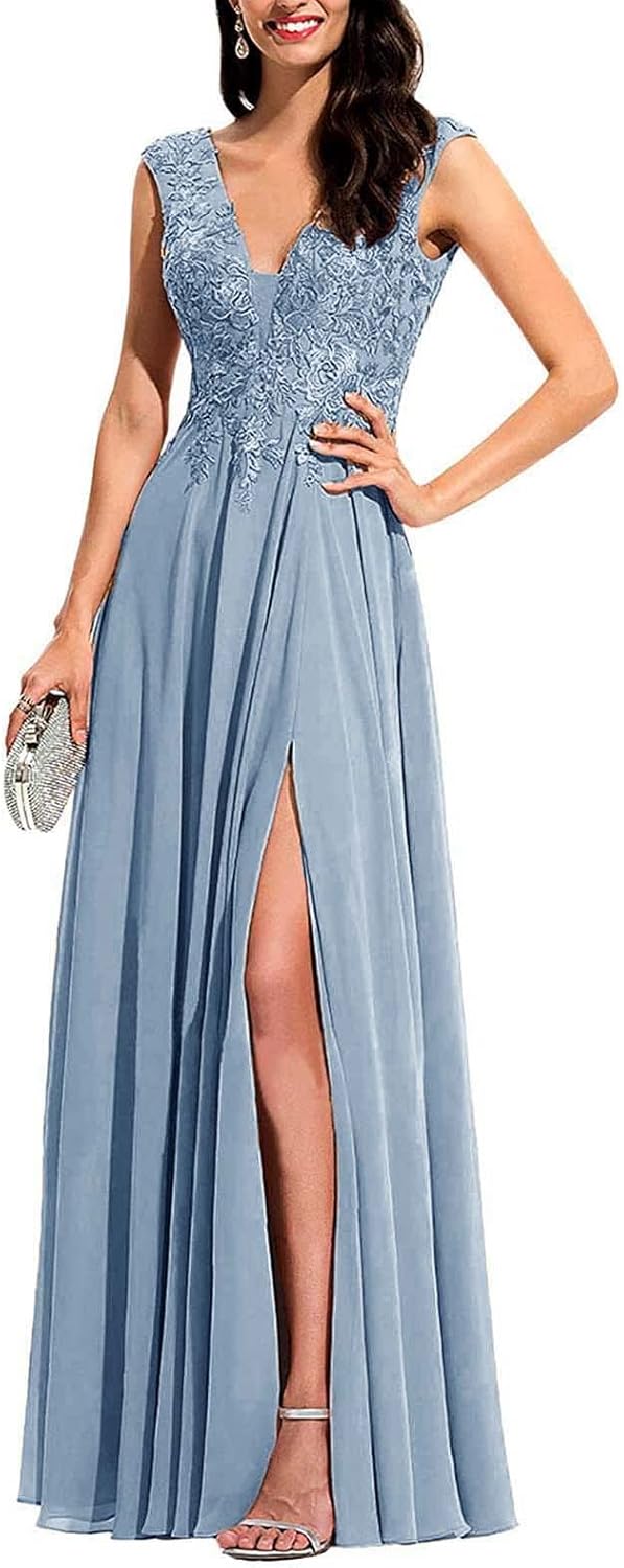 Chiffon Appliques Bridesmaid Dress Long V Neck Beaded Wedding Guest Gown with Split - View 15 | VelvetHem
