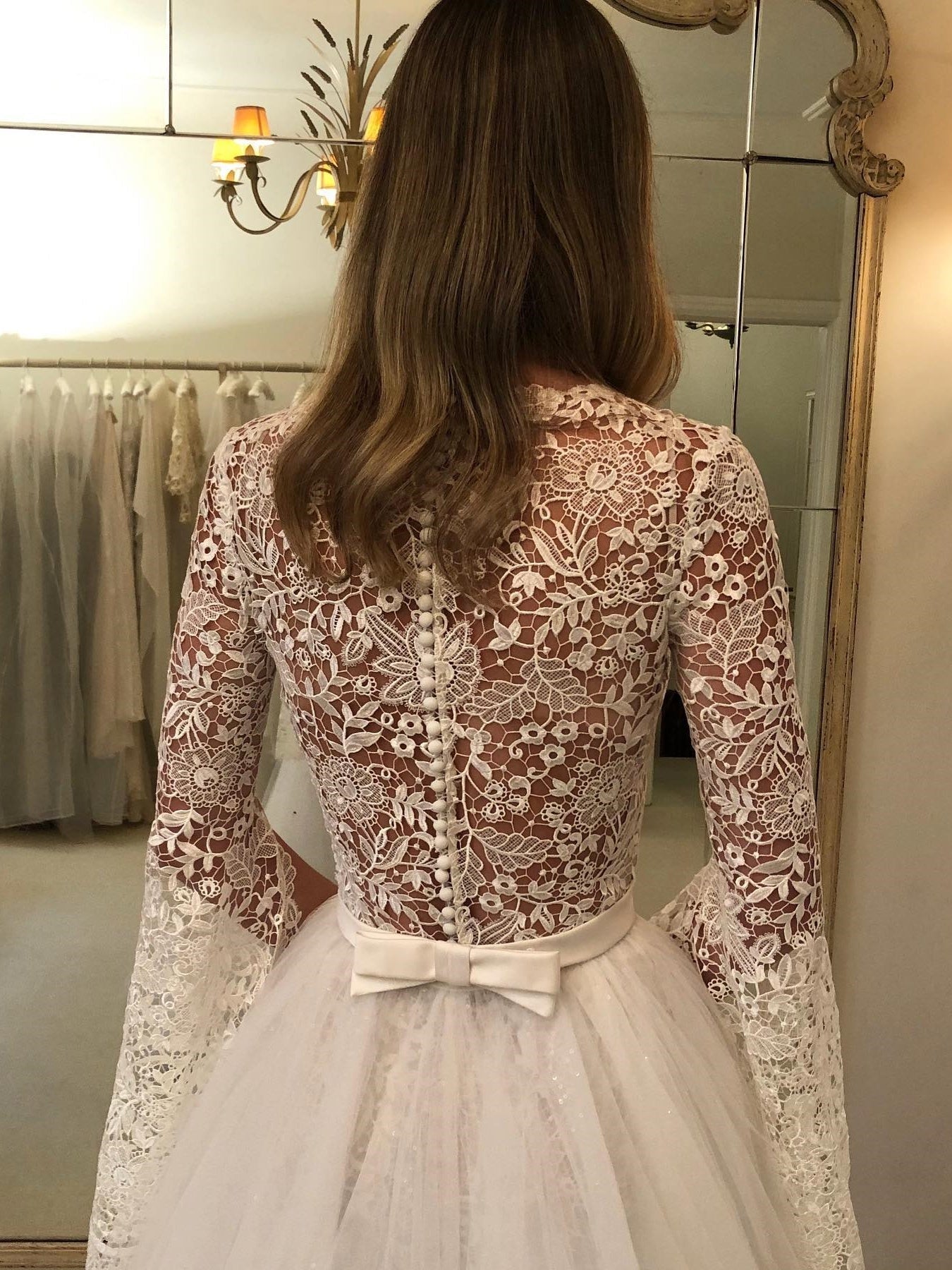 Jewel Neck Bell Long Sleeve Allover Floral Lace A-Line Wedding Dress With Waist Sash