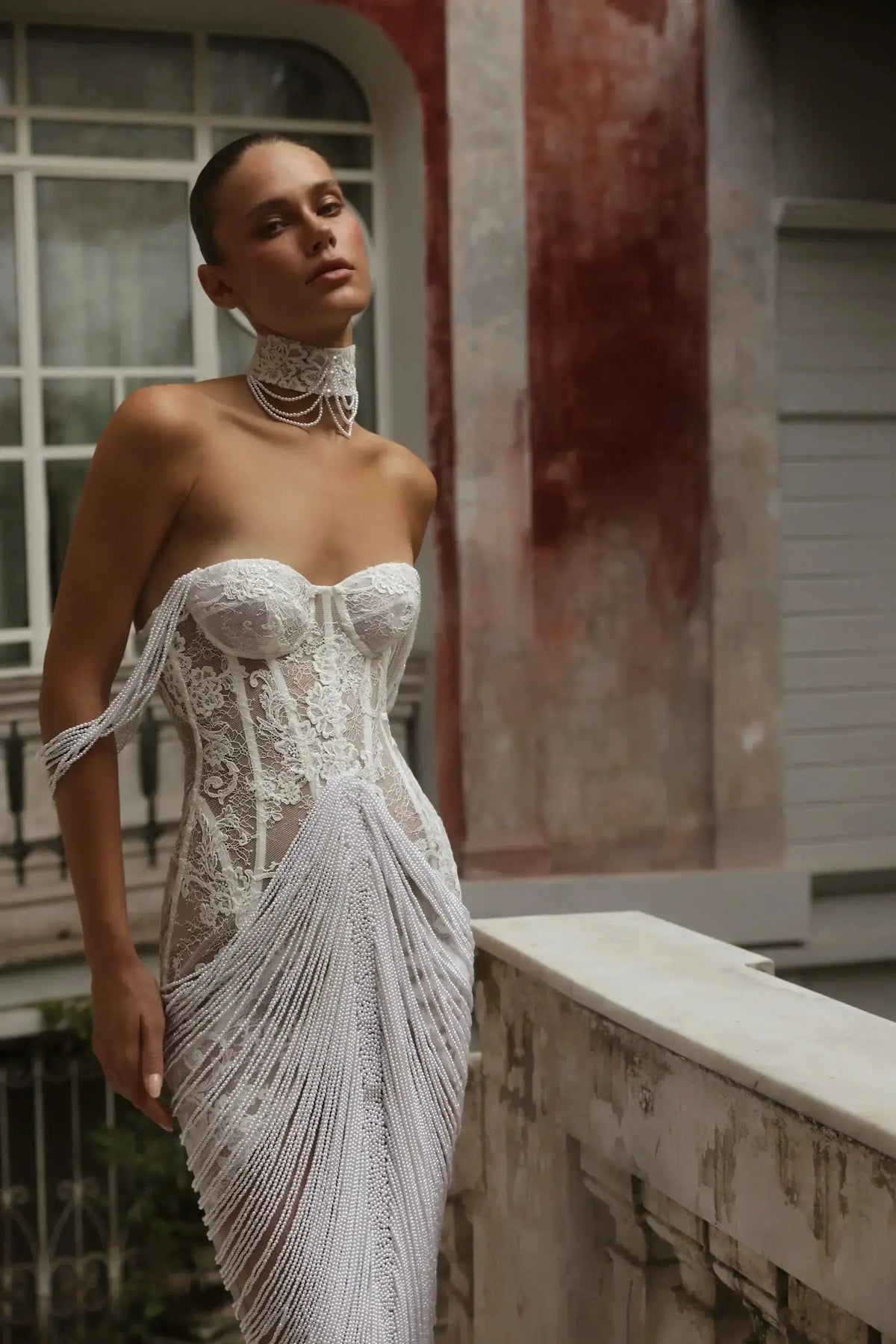 Elegant Ivory Sheer Lace Sweetheart Neck Fringe Mermaid Wedding Dress with Choker ZP125