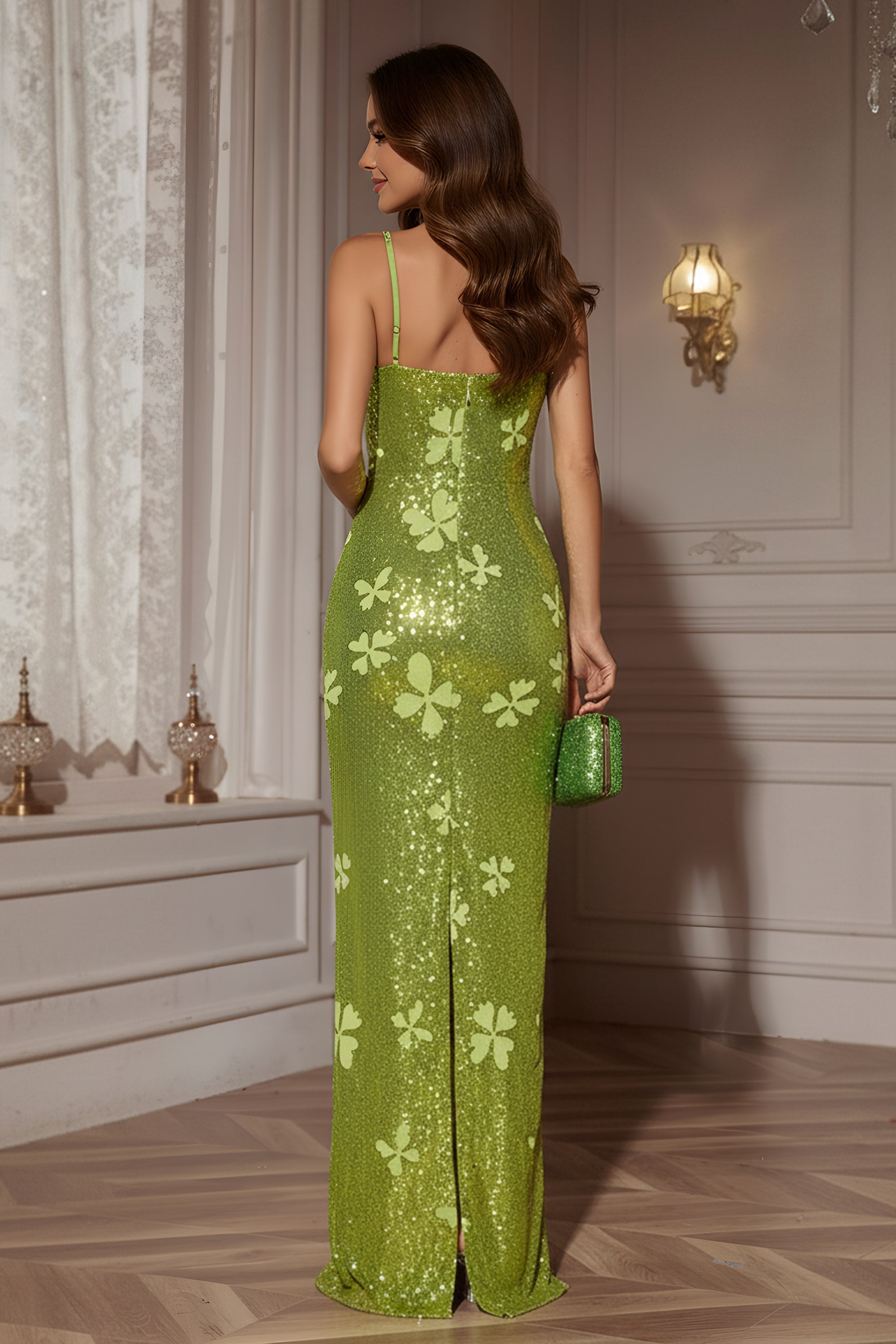 Sequined Evening Gown with Butterfly Appliques