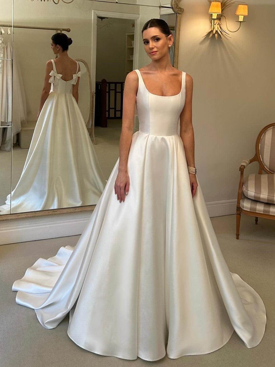 Elegant A-Line Square Neck Satin Wedding Gown With Bow