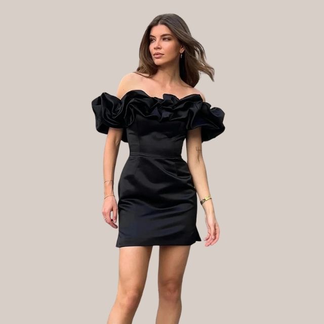 Angeles Effortless Off the Shoulder Cocktail Dress with Ruffle Detail Boutique Collection