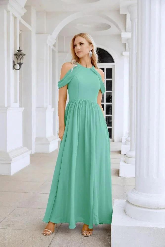 Ladies Chiffon Off Shoulder Swing Sleeve Front Slit Bridesmaid Evening Dress Wedding Party Evening Dress 28117 by numbersea