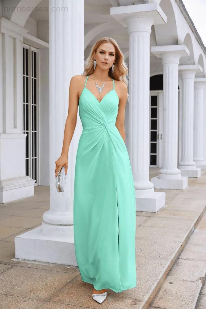 Ladies Chiffon Spaghetti Strap V Neck Front Slit Floor Length Bridesmaid Evening Dress Prom Party Wedding Evening Dress 28116 (ZD17012)