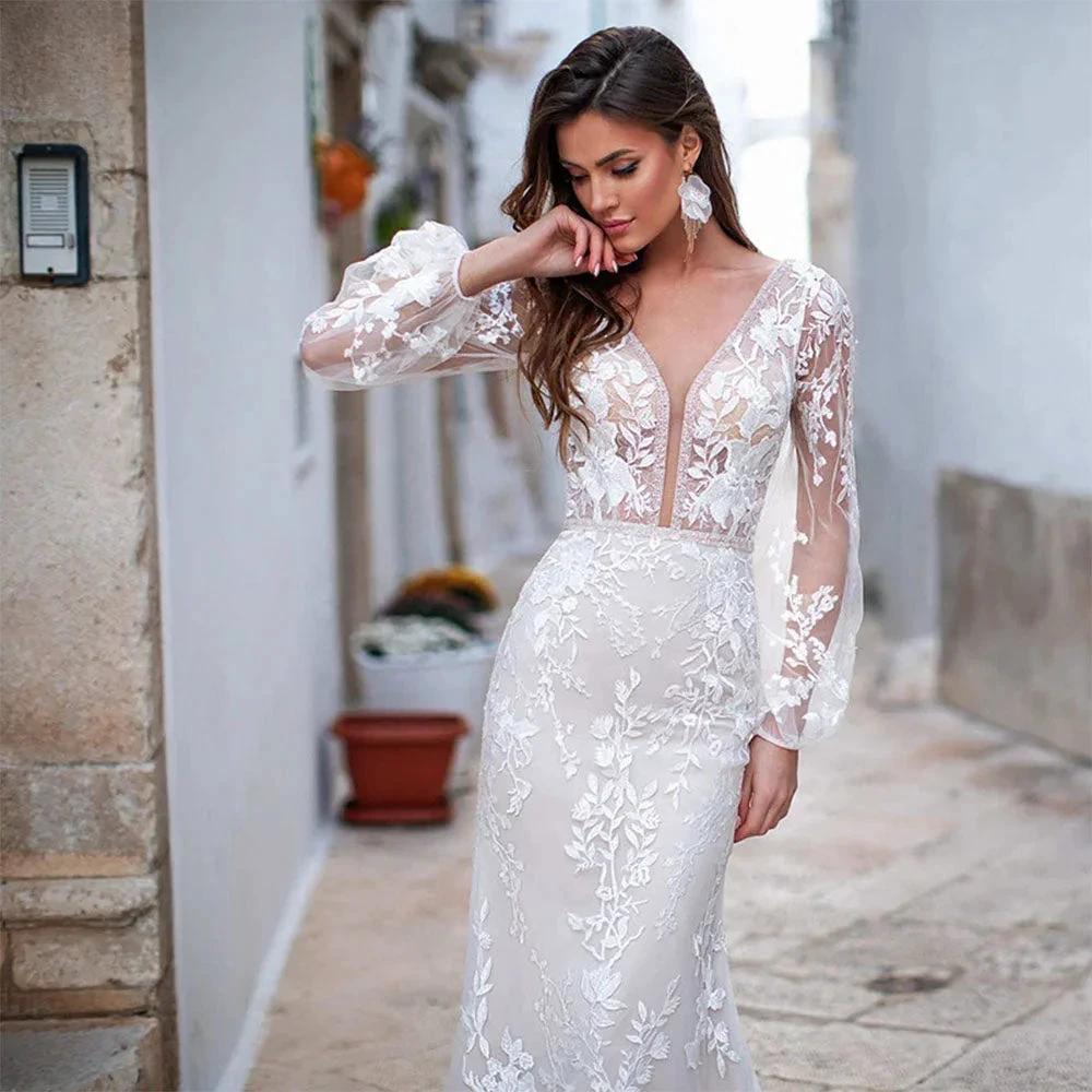 Luxury Backless Tulle Mermaid Wedding Dresses 2022 Long Sleeve Lace Appliques V-neck White Bridal Gown vestidos de novia (ZD13529)