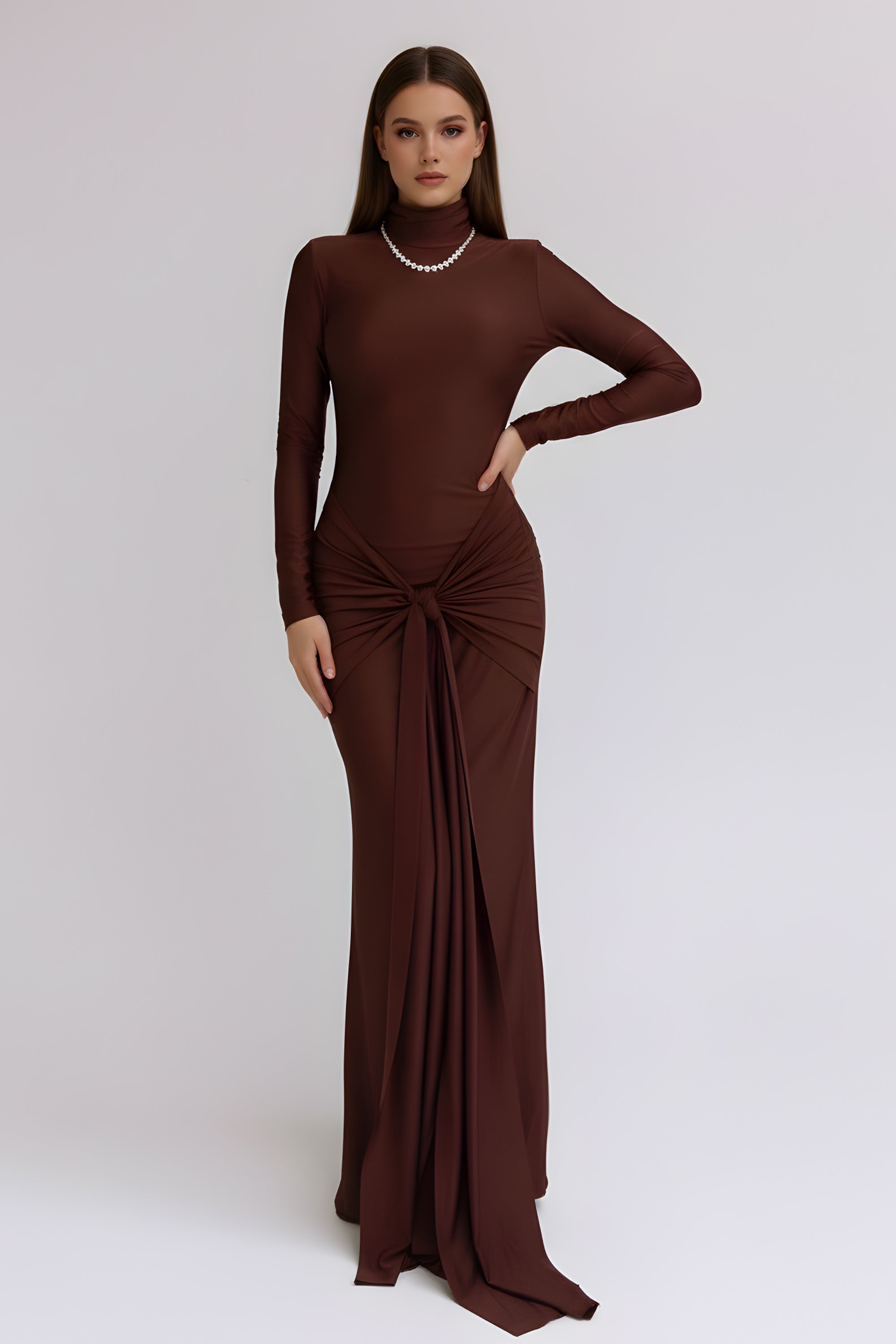 Elegant Long Sleeve Mock Neck Maxi Dress with Knotted Waist Detail