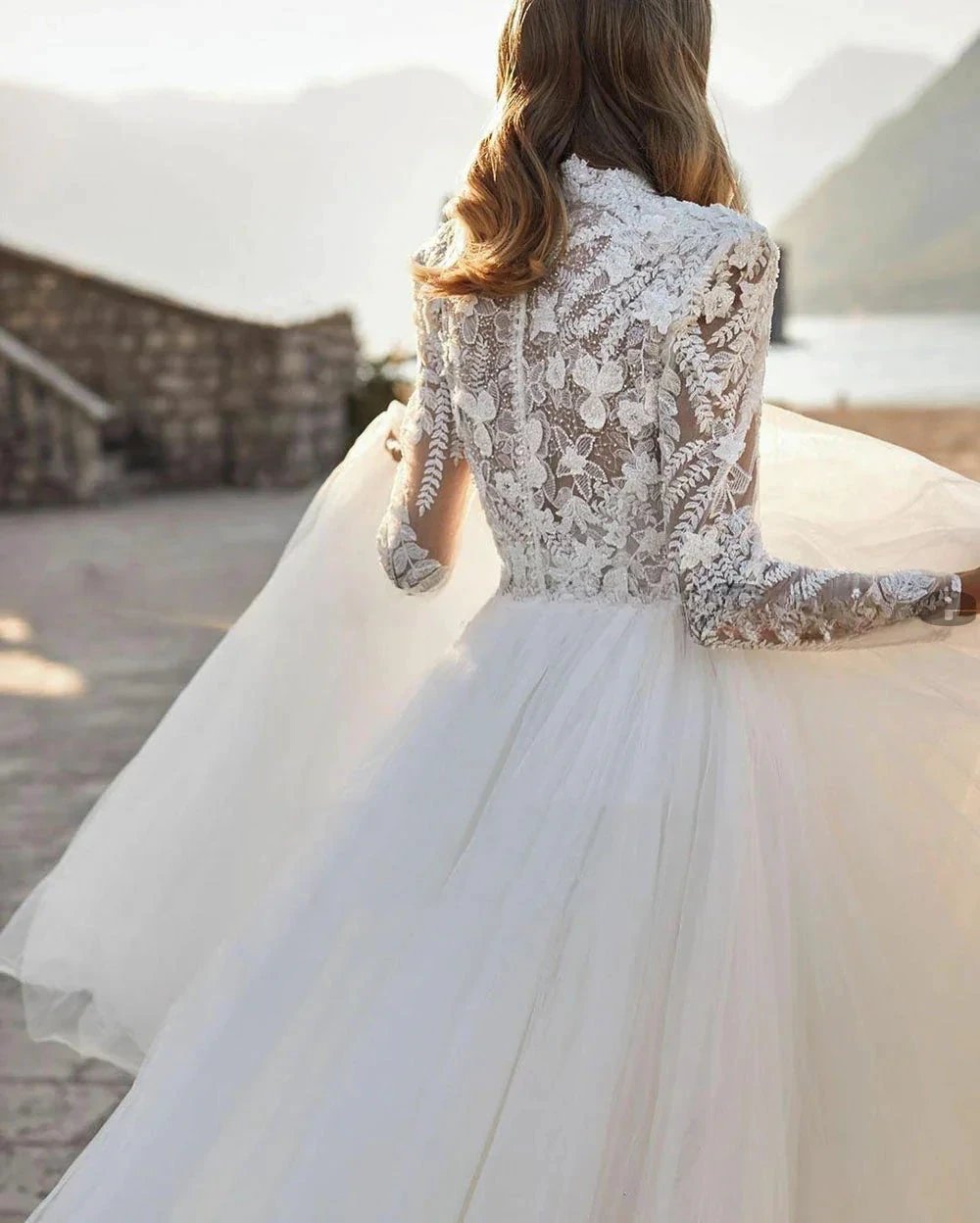 Grace Pretty luxury Princess Wedding Dresses Modest O Neck Long Sleeves Muslim Bride Dresses Bridal Gown vestidos de novia (ZD13482)