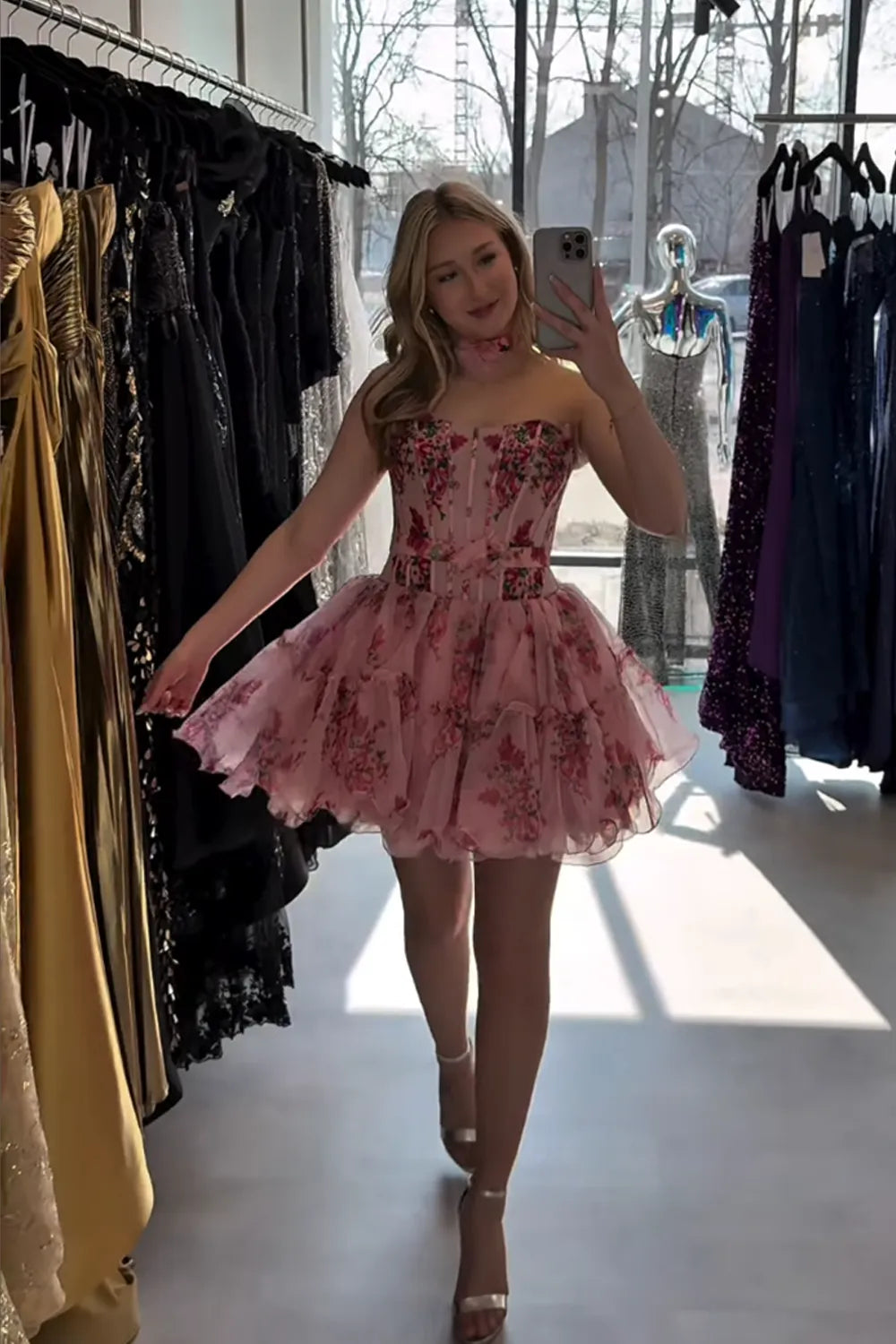 Beautiful A Line Spaghetti Straps Pink Foral Printed Short Homecoming Dress