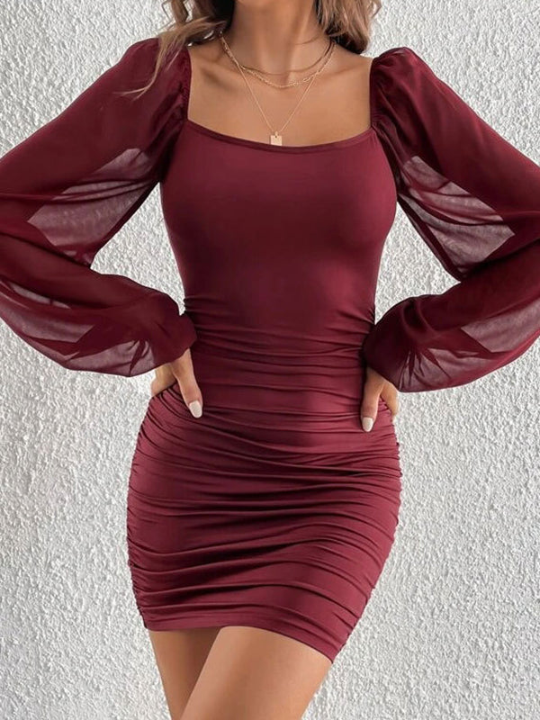 Loose Puff Sleeves Gauze Pleated See-Through Solid Color Split-Joint Square-Neck Evening Dresses Mini Dresses - View 2 | VelvetHem