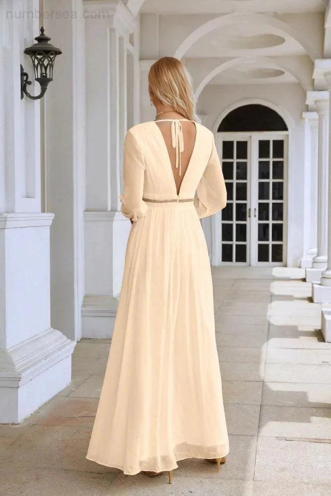 Ladies V Neck Chiffon Long Sleeve Front Slit Bridesmaid Evening Dress Wedding Party Shopping Evening Dress 28109 (ZD16991)