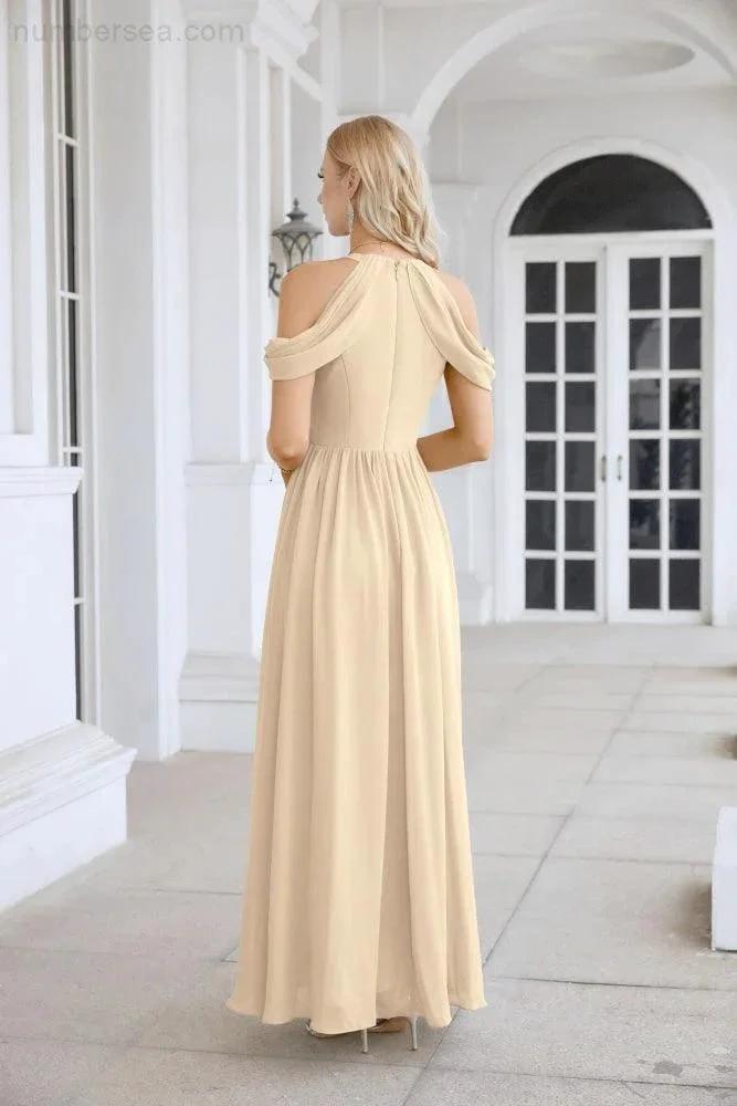 Ladies Chiffon Off Shoulder Swing Sleeve Front Slit Bridesmaid Evening Dress Wedding Party Evening Dress 28117 (ZD17011)